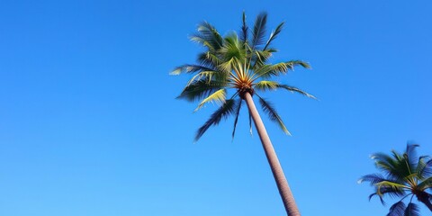 Tall palm tree standing against a vibrant blue sky backdrop, outdoor, exotic, tropical