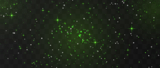 Bright green particles gently falling with star, night stary sky, creating a magical and festive atmosphere. Glittering particles on a transparent background. Light with flares