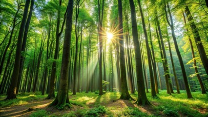Fototapeta premium Tall trees stand in a dense forest with sunlight filtering through leaves, forest floor, branches, tree trunks