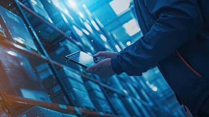 Warehouse Inventory Management with Digital Tablet in Modern Storage Facility
