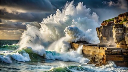 Fototapeta premium Towering waves crashing against a rocky cliff on a stormy day, coastline, rocky