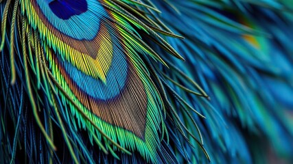 Obraz premium Vibrant close-up of textured peacock feathers in blue, green, and gold hues, beauty, plumage