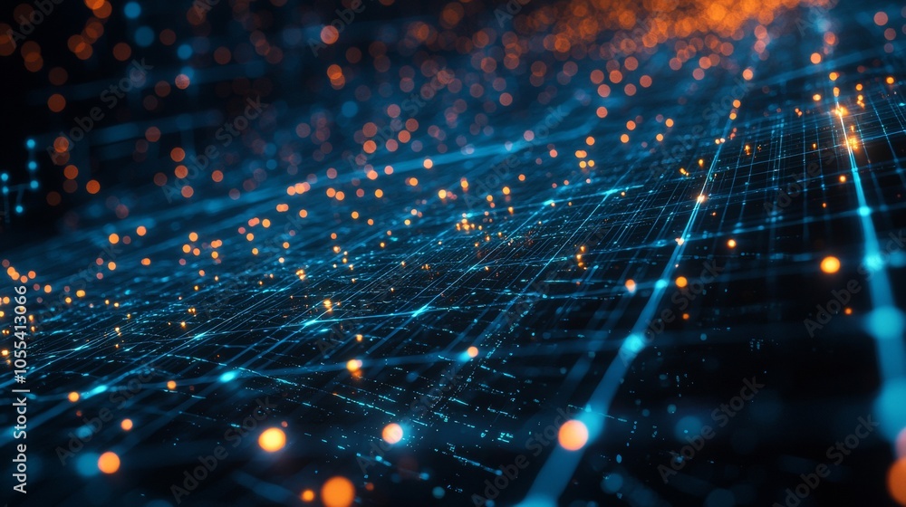 Poster abstract grid of glowing blue and orange lights representing data flow