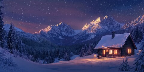 Fototapeta premium A cabin glows in the snow under a starry night.