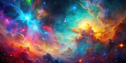Fototapeta premium Vibrant nebula with colorful gas clouds and stars in a galaxy backdrop, interstellar medium, starry sky