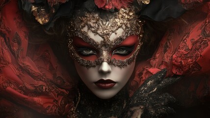 Beautiful woman in luxury gorgeous Venetian red and golden carnival mask.