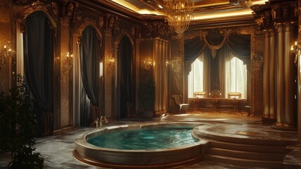 Luxury elegant golden interior of a hotel with swimming pool spa.