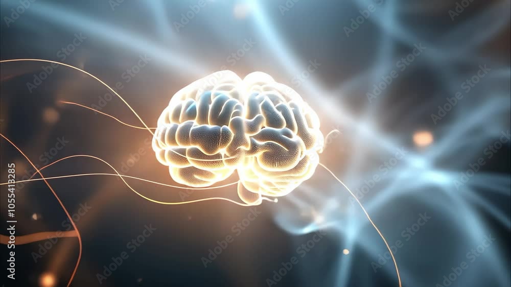 Poster a glowing, stylized representation of a brain surrounded by ethereal light and flowing lines, evokin