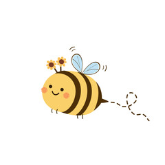 Bee cartoon with cute flower icon sign isolated on white background vector.