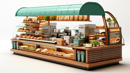 A small, wooden food stand with a green awning. The stand has a variety of food items on display, including pastries, sandwiches, and drinks. There is a sign above the stand that says "Sandwiches On".