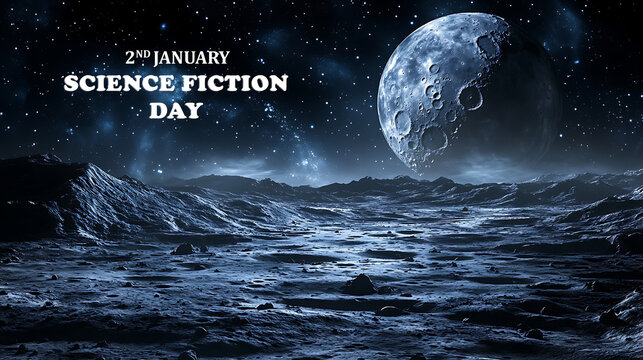 A moon base on a barren cratered landscape with a large empty space