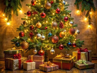 Cozy Low Light Christmas Tree with Gifts and Decorations for Holiday Spirit