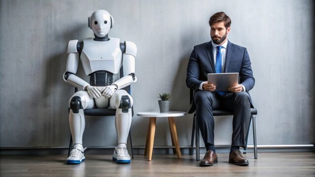 Man and robot waiting for a job interview