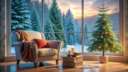 Fototapeta premium Cozy Reading Corner with Christmas Tree and Winter Forest View for Holiday Comfort