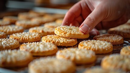 A hand picks up a freshly baked sugar cookie from a baking sheet, surrounded by other cookies.