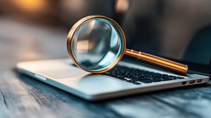 Close-up of a magnifying glass resting on a laptop keyboard on a wooden table, symbolizing investigation, research, or analysis in a digital context.