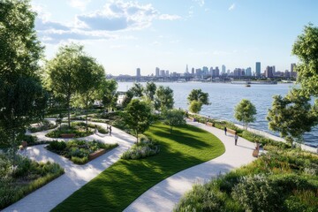 Obraz premium Peaceful Riverside Park: A Serene Oasis with Lush Greenery and Inviting Walking Paths