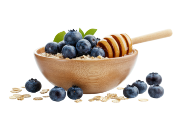 Delightful bowl of oatmeal topped with fresh blueberries and drizzled honey in a serene setting