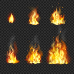 Realistic fire flames set. Various size of burning bonfire flame with sparks on transparent background isolated vector illustration