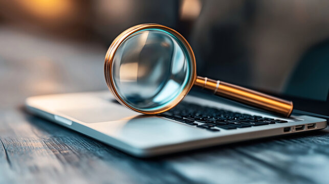 Close-up of a magnifying glass resting on a laptop keyboard on a wooden table, symbolizing investigation, research, or analysis in a digital context.