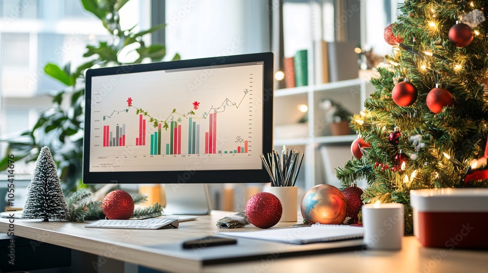 Poster christmas in the office: evaluating year-end financial charts and graphs on a computer screen