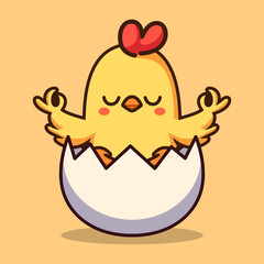 cute chicken yoga pose meditation on an egg cartoon character flat color vector illustration template design