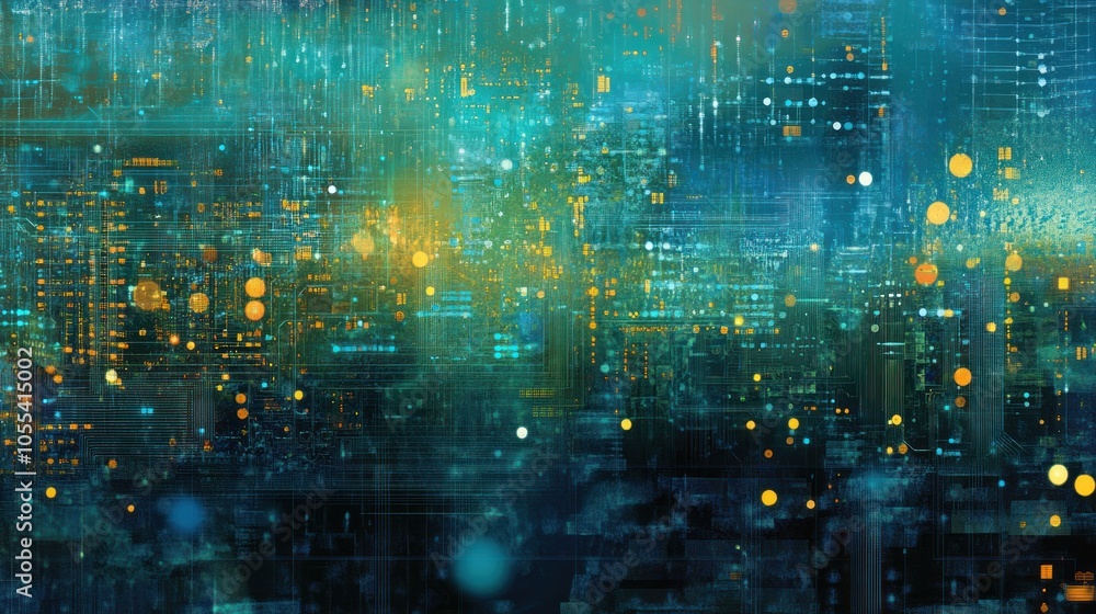 Poster an intricate digital landscape showcasing a network of interconnected nodes and circuits,