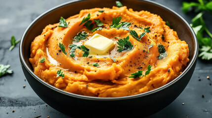 Bowl of mashed sweet potatoes with butter and parsley garnish on a dark surface, showcasing a rich texture and vibrant color.