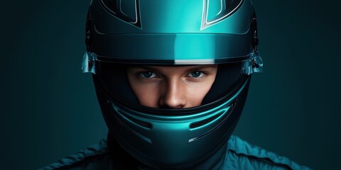 Young race car driver in helmet - portrait for motorsport design and promotion