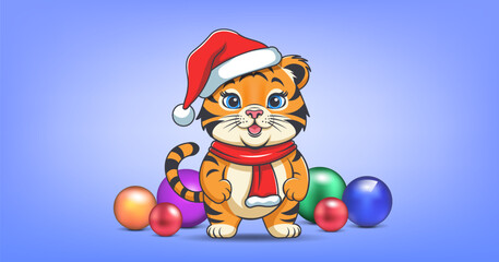 Vector cartoon funny cheerful smiling friendly chubby baby tiger cub in scarf and Santa Claus hat. Striped plump little african animal. Toy glass color balls. Merry Christmas and Happy new year.