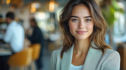 Fototapeta premium A pretty woman in her office wearing a light colored jacket