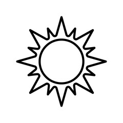 Sun vector black line icon isolated on white background.
