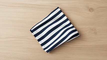 Obraz premium A navy blue and white striped handkerchief lies flat on a light wood surface, perfect for designs