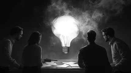 Creative brainstorming session with diverse professionals, featuring a glowing light bulb and smoky atmosphere.