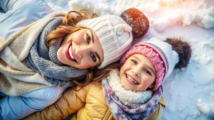 cheerful portrait of mother and daughter lying in the snow in winter