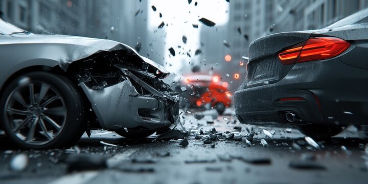 Urban intersection car crash scene with spinning debris