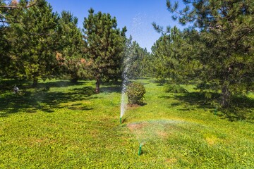 Agricultural theme with lawn watering in urban landscape