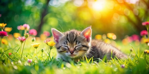 Obraz premium Cute Kitten Sleeping in Park with Flowers - Adorable Outdoor Cat Photography
