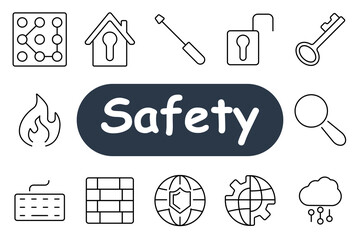 Safety set icon. Lock pattern, house with lock, screwdriver, key, flame, firewall, shield on globe, puzzle globe, cloud with security. Suitable for security, safety, and protection themes