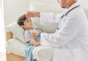 Young, male person and doctor with thermometer, consulting service and medical appointment as kid. Child, pediatrician and medic in home for wellness, checkup and healthcare treatment in consultation