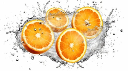 Four orange slices splash into water creating a dramatic wave of refreshing droplets.