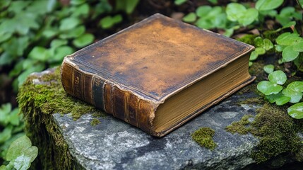 Obraz premium An Old Leather-Bound Book Resting on a Mossy Rock