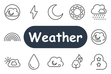 Weather set icon. Crescent moon with cloud, lightning, sun, rain, rainbow, drop, sunny, windy, leaf fire, stars and cloud. Ideal for forecasting, climate, and seasons