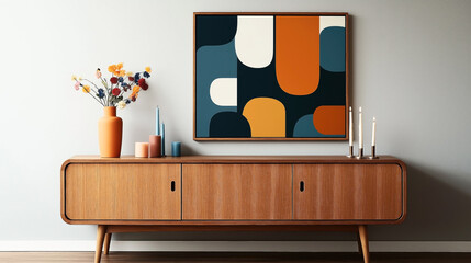 Mid-century modern wooden sideboard with colorful abstract painting, orange vase with flowers, candles, and blue wall accents.