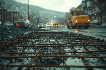 Close-up of a Rusty Rebar Grid Embedded in Concrete During Road Construction