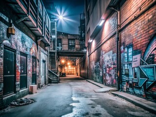 Fototapeta premium Dark Alley with Neon Lights and Graffiti - Urban Documentary Photography