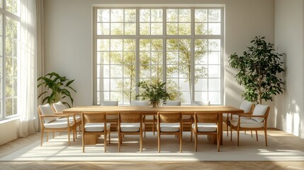 Minimalist dining area with a simple wooden table, modern chairs, and natural light flooding the space.