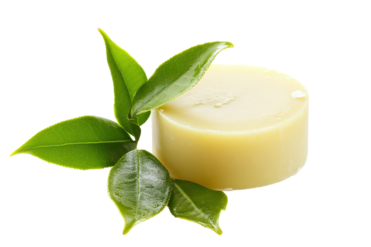 Natural soap bar with fresh green tea leaves, showcasing eco-friendly beauty and cleanliness