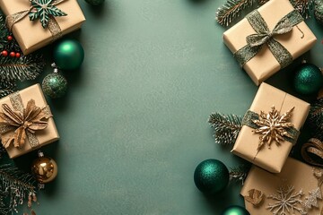 New Year card with Christmas gift boxes and golden decorations on khaki background