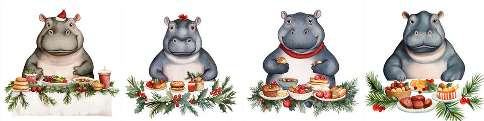 Naklejka premium Four cheerful hippos celebrate with delicious holiday meals, surrounded by festive decorations and treats.